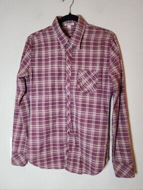 True Religion Purple Plaid Long Sleeve Button Up Shirt Maroon Metallic Thread M